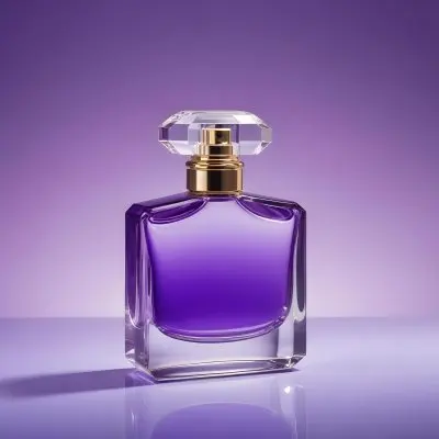 A Purple Perfume Bottle With A Transparent Cap And Golden Neck Placed On A Reflective Surface With A Gradient Purple Background 15 6f67