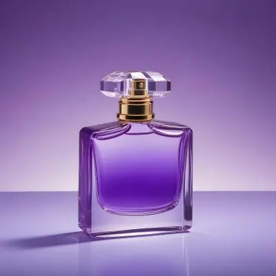A Purple Perfume Bottle With A Transparent Cap And Golden Neck Placed On A Reflective Surface With A Gradient Purple Background 17 B00a