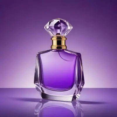 A Purple Perfume Bottle With A Transparent Cap And Golden Neck Placed On A Reflective Surface With A Gradient Purple Background 2 Cd84