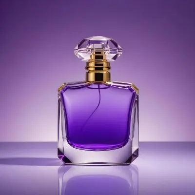 A Purple Perfume Bottle With A Transparent Cap And Golden Neck Placed On A Reflective Surface With A Gradient Purple Background 20 8ea7