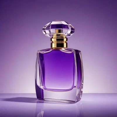 A Purple Perfume Bottle With A Transparent Cap And Golden Neck Placed On A Reflective Surface With A Gradient Purple Background 22 3b49