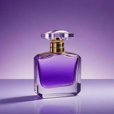 A Purple Perfume Bottle With A Transparent Cap And Golden Neck Placed On A Reflective Surface With A Gradient Purple Background 25 7653