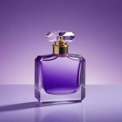 A Purple Perfume Bottle With A Transparent Cap And Golden Neck Placed On A Reflective Surface With A Gradient Purple Background 26 6a9d