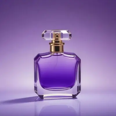 A Purple Perfume Bottle With A Transparent Cap And Golden Neck Placed On A Reflective Surface With A Gradient Purple Background 27 4577
