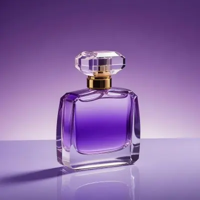 A Purple Perfume Bottle With A Transparent Cap And Golden Neck Placed On A Reflective Surface With A Gradient Purple Background 28 075c