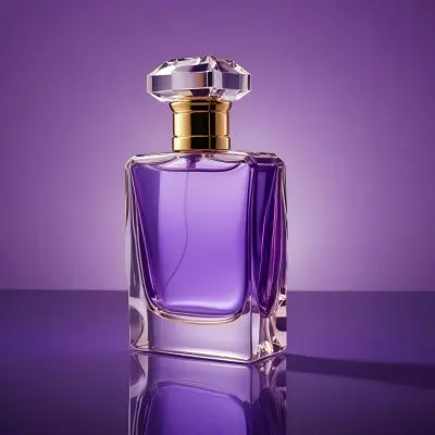 A Purple Perfume Bottle With A Transparent Cap And Golden Neck Placed On A Reflective Surface With A Gradient Purple Background 3 Baf6