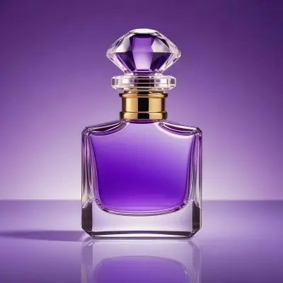 A Purple Perfume Bottle With A Transparent Cap And Golden Neck Placed On A Reflective Surface With A Gradient Purple Background 32 Cb44