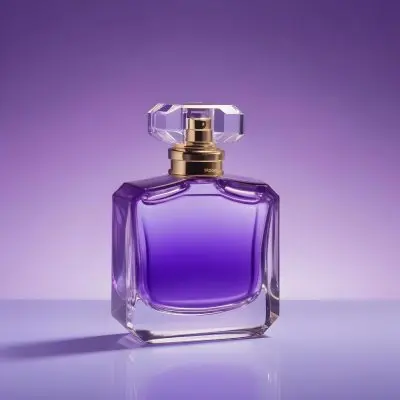 A Purple Perfume Bottle With A Transparent Cap And Golden Neck Placed On A Reflective Surface With A Gradient Purple Background 33 3246
