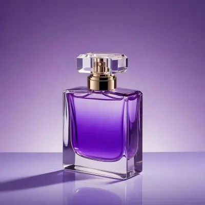 A Purple Perfume Bottle With A Transparent Cap And Golden Neck Placed On A Reflective Surface With A Gradient Purple Background 36 A160