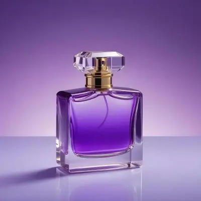 A Purple Perfume Bottle With A Transparent Cap And Golden Neck Placed On A Reflective Surface With A Gradient Purple Background 37 023a