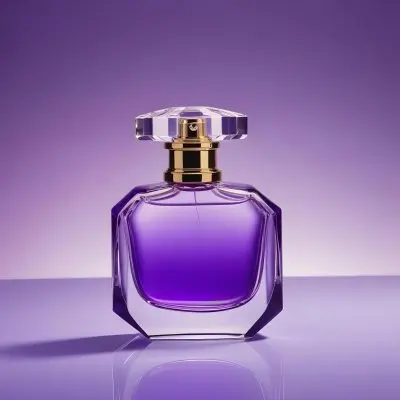 A Purple Perfume Bottle With A Transparent Cap And Golden Neck Placed On A Reflective Surface With A Gradient Purple Background 38 7440