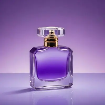 A Purple Perfume Bottle With A Transparent Cap And Golden Neck Placed On A Reflective Surface With A Gradient Purple Background 43 4022