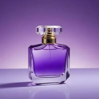 A Purple Perfume Bottle With A Transparent Cap And Golden Neck Placed On A Reflective Surface With A Gradient Purple Background 45 B917