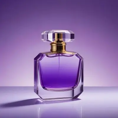A Purple Perfume Bottle With A Transparent Cap And Golden Neck Placed On A Reflective Surface With A Gradient Purple Background 6 58d7