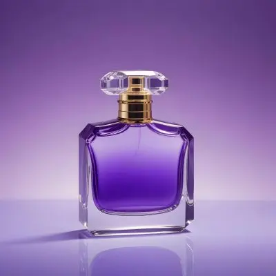 A Purple Perfume Bottle With A Transparent Cap And Golden Neck Placed On A Reflective Surface With A Gradient Purple Background 7 Da06