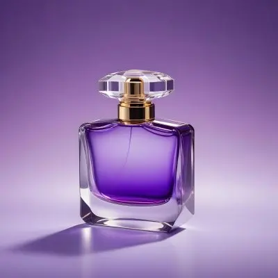 A Purple Perfume Bottle With A Transparent Cap And Golden Neck Placed On A Reflective Surface With A Gradient Purple Background 8 1af9