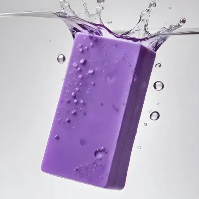A Purple Soap Bar Falling Into The Water With Bubbles In A White Background 12 6d5b