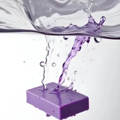 A Purple Soap Bar Falling Into The Water With Bubbles In A White Background 17 3448