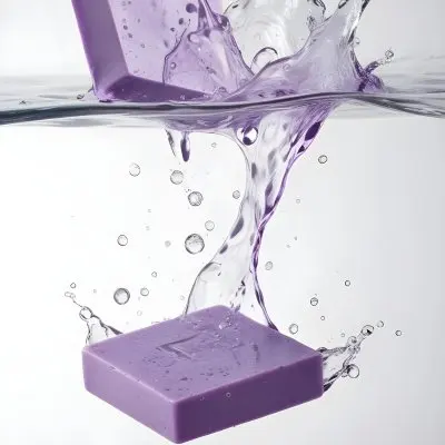 A Purple Soap Bar Falling Into The Water With Bubbles In A White Background 28 1a65