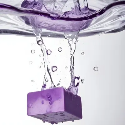 A Purple Soap Bar Falling Into The Water With Bubbles In A White Background 3 9bab