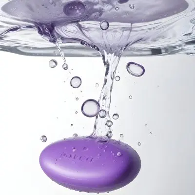 A Purple Soap Bar Falling Into The Water With Bubbles In A White Background 39 E9ca