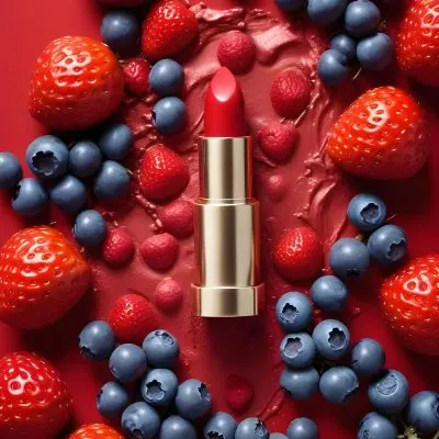 A Red Lipstick With A Metallic Finish Surrounded By Strawberries Raspberries And Blueberries In A Studio With A Red Background 5 4080