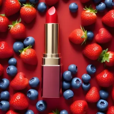 A Red Lipstick With A Metallic Finish Surrounded By Strawberries Raspberries And Blueberries In A Studio With A Red Background 5 8133