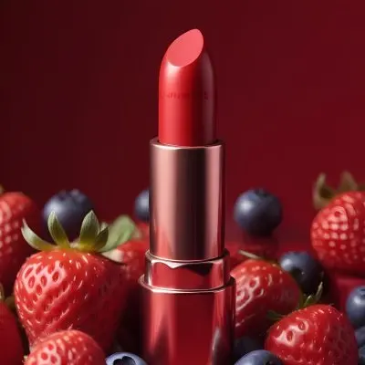 A Red Lipstick With A Metallic Finish Surrounded By Strawberries Raspberries And Blueberries In A Studio With A Red Background 6 58b5