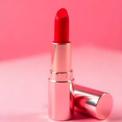 A Red Lipstick With A Metallic Pink Case The Cap Is Off And Lying On The Side In A Pink Background With Soft Light 15 0e6f