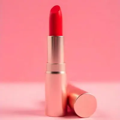A Red Lipstick With A Metallic Pink Case The Cap Is Off And Lying On The Side In A Pink Background With Soft Light 17 Cf06