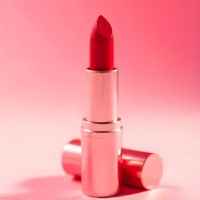 A Red Lipstick With A Metallic Pink Case The Cap Is Off And Lying On The Side In A Pink Background With Soft Light 19 953f