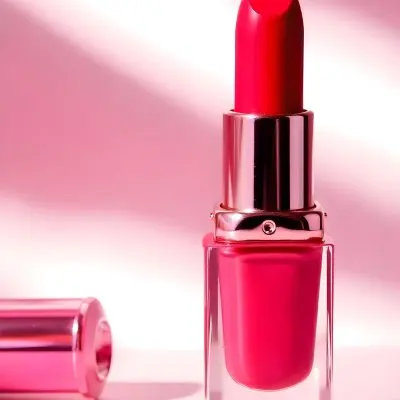 A Red Lipstick With A Metallic Pink Case The Cap Is Off And Lying On The Side In A Pink Background With Soft Light 20 50ab