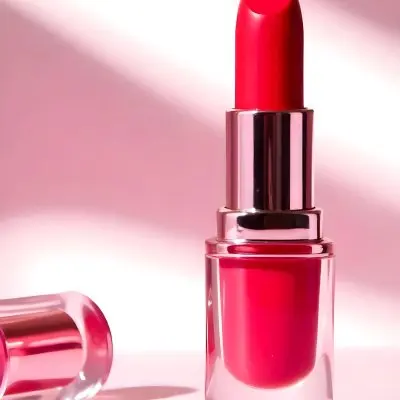 A Red Lipstick With A Metallic Pink Case The Cap Is Off And Lying On The Side In A Pink Background With Soft Light 24 C832