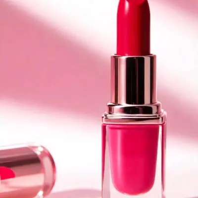 A Red Lipstick With A Metallic Pink Case The Cap Is Off And Lying On The Side In A Pink Background With Soft Light 28 7e39