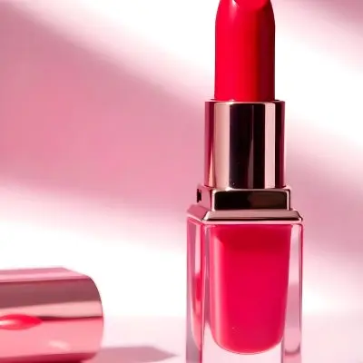A Red Lipstick With A Metallic Pink Case The Cap Is Off And Lying On The Side In A Pink Background With Soft Light 34 7640