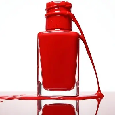 A Red Nail Polish Bottle With Nail Polish Dripping Down The Side On A Red Background 1 Acec