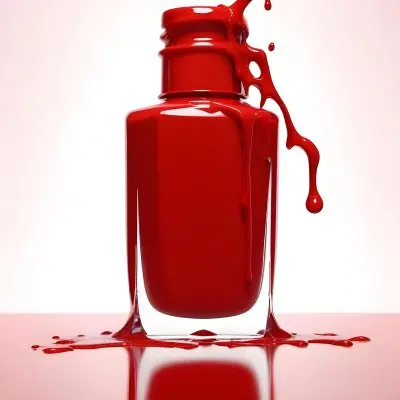 A Red Nail Polish Bottle With Nail Polish Dripping Down The Side On A Red Background 19 0f8f