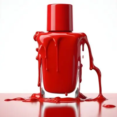 A Red Nail Polish Bottle With Nail Polish Dripping Down The Side On A Red Background 21 Db7a