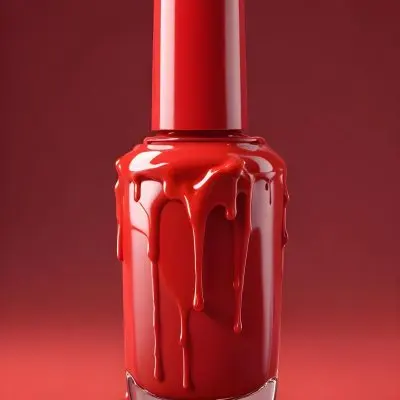 A Red Nail Polish Bottle With Nail Polish Dripping Down The Side On A Red Background 22 32dc