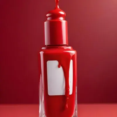 A Red Nail Polish Bottle With Nail Polish Dripping Down The Side On A Red Background 6 005e