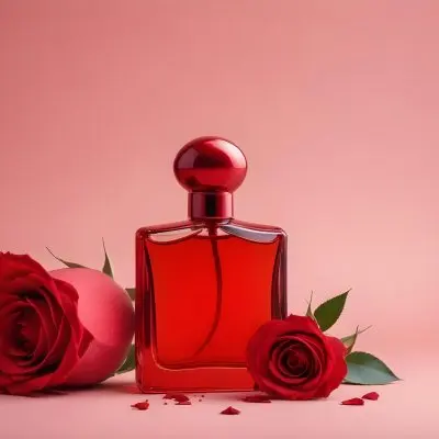 A Red Perfume Bottle With A Sprayer On Top Two Red Roses And Petals On A Red Background 7 F58a