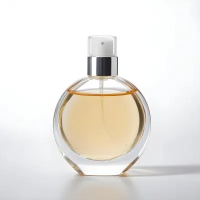 A Round Glass Perfume Bottle With A White Cap Filled With A Light Amber Liquid Centered On A Plain White Background Product Photography Studio Lighting 38 93e0