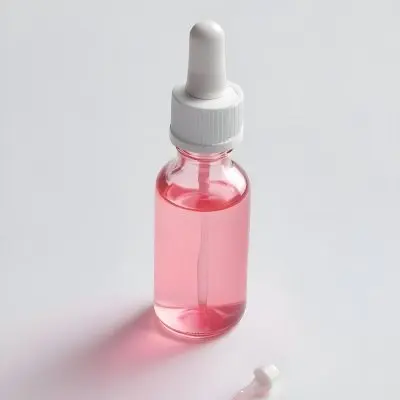A Small Glass Bottle With A White Cap And A White Dropper Filled With A Pink Liquid On A White Background 15 E075