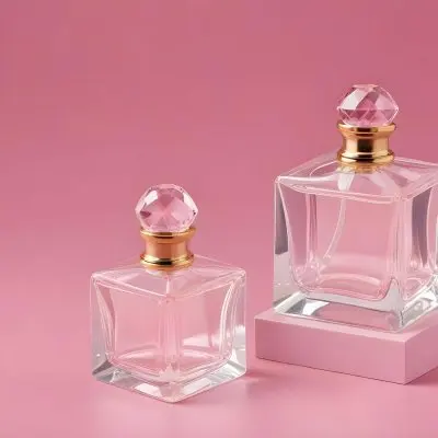 A Square Glass Perfume Bottle With A Golden Cap And A Crystal Cap On A Pink Background 32 90e8