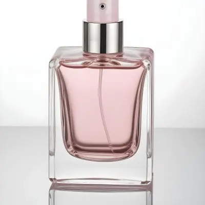 A Square Glass Perfume Bottle With A White Cap Filled With A Light Pink Liquid On A Reflective Surface In A White Background 13 Af0f