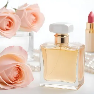 A Square Perfume Bottle With A White Cap Three Roses A Pearl Necklace And A Lipstick On A White Table 11 70d5