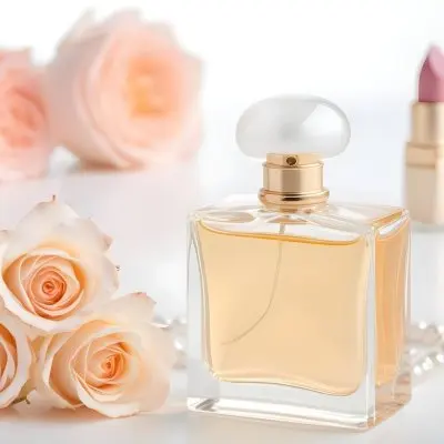 A Square Perfume Bottle With A White Cap Three Roses A Pearl Necklace And A Lipstick On A White Table 15 2083