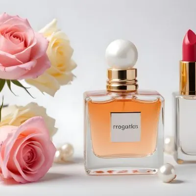 A Square Perfume Bottle With A White Cap Three Roses A Pearl Necklace And A Lipstick On A White Table 20 4184