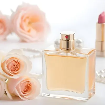 A Square Perfume Bottle With A White Cap Three Roses A Pearl Necklace And A Lipstick On A White Table 21 7a57