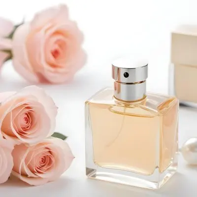 A Square Perfume Bottle With A White Cap Three Roses A Pearl Necklace And A Lipstick On A White Table 22 Ee5e